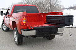 Installing the optional TOTE Slide Bracket allows you to securely install and lock your DU-HA TOTE in your truck bed. It also allows you to slide the TOTE in and out of your vehicle, so you can access your gear easily. DU-HA TOTE - Part # 70103 and Part # 70104.