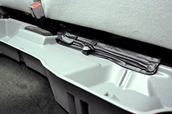 DU-HA Underseat Storage - Part # 10305 - Reinstall the jack tool bag (by tightening the wingnut) on top of the exposed threaded stud and the DU-HA. Lower the bottoms of both sides of the back seat to return them to their original position and installation is complete.